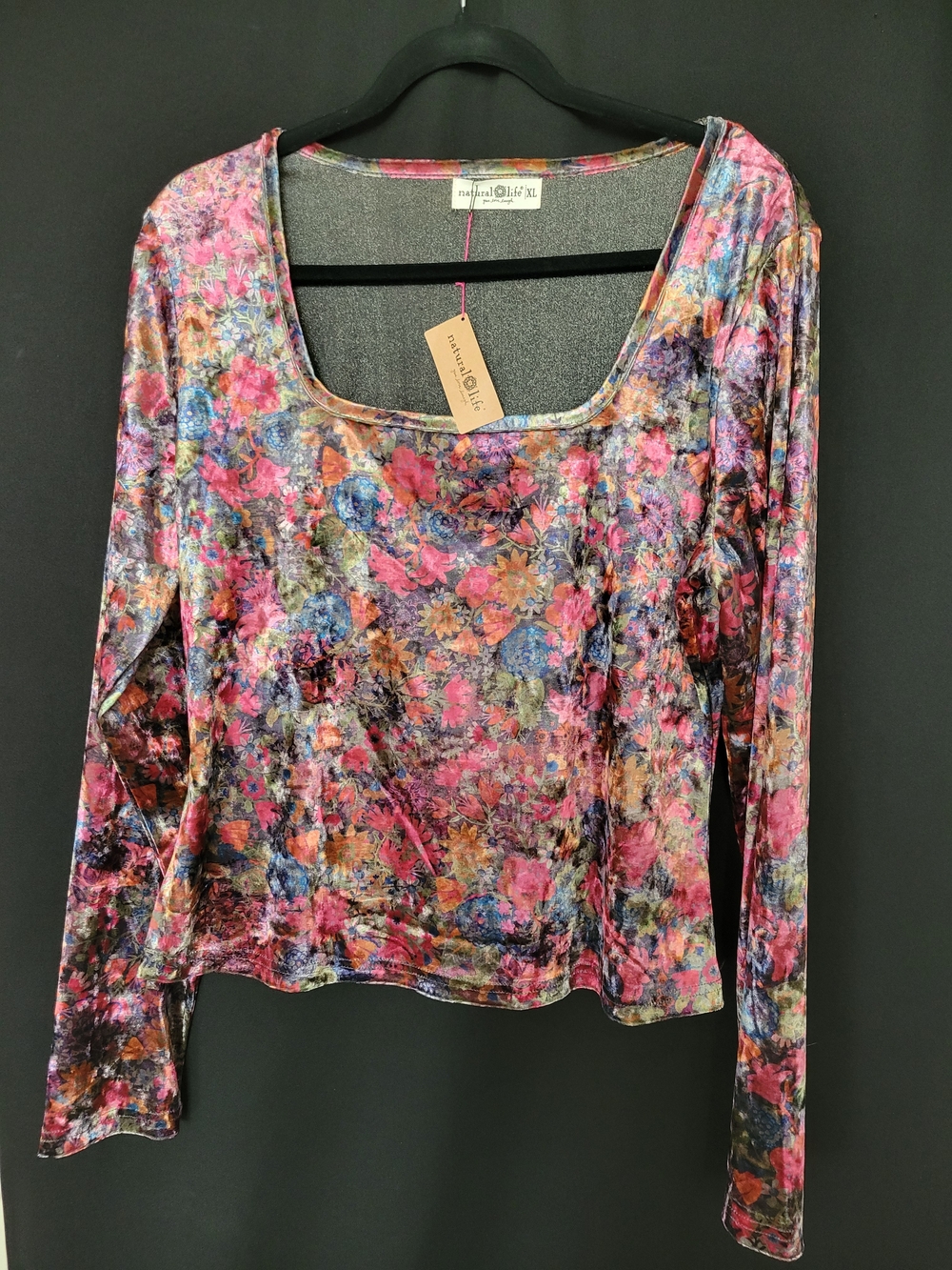 NATURAL LIFE Floral Velvet Scoop Neck Long Sleeve Top - Pink, Blue, Gold